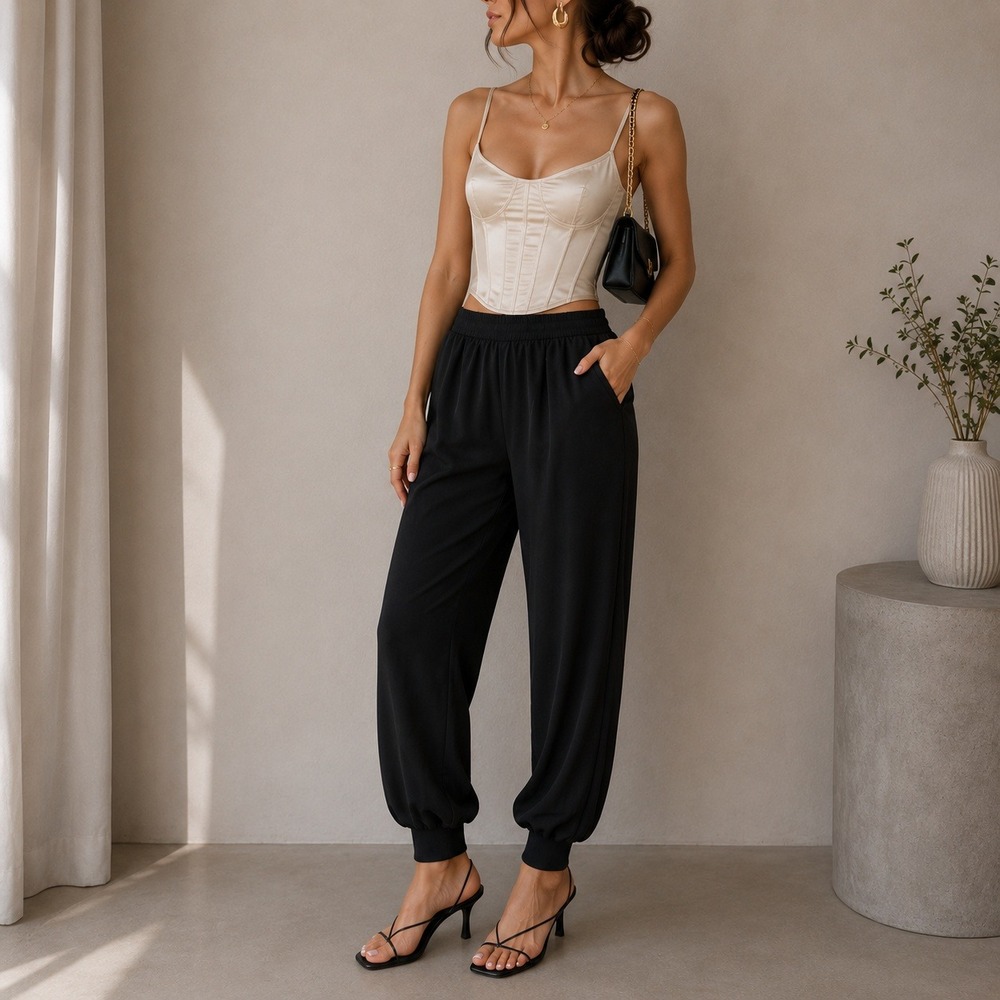 Black Jogger Pants Women Medium Elastic Waist Ribbed Cuffs Minimalist Date Night - Picture 1 of 8